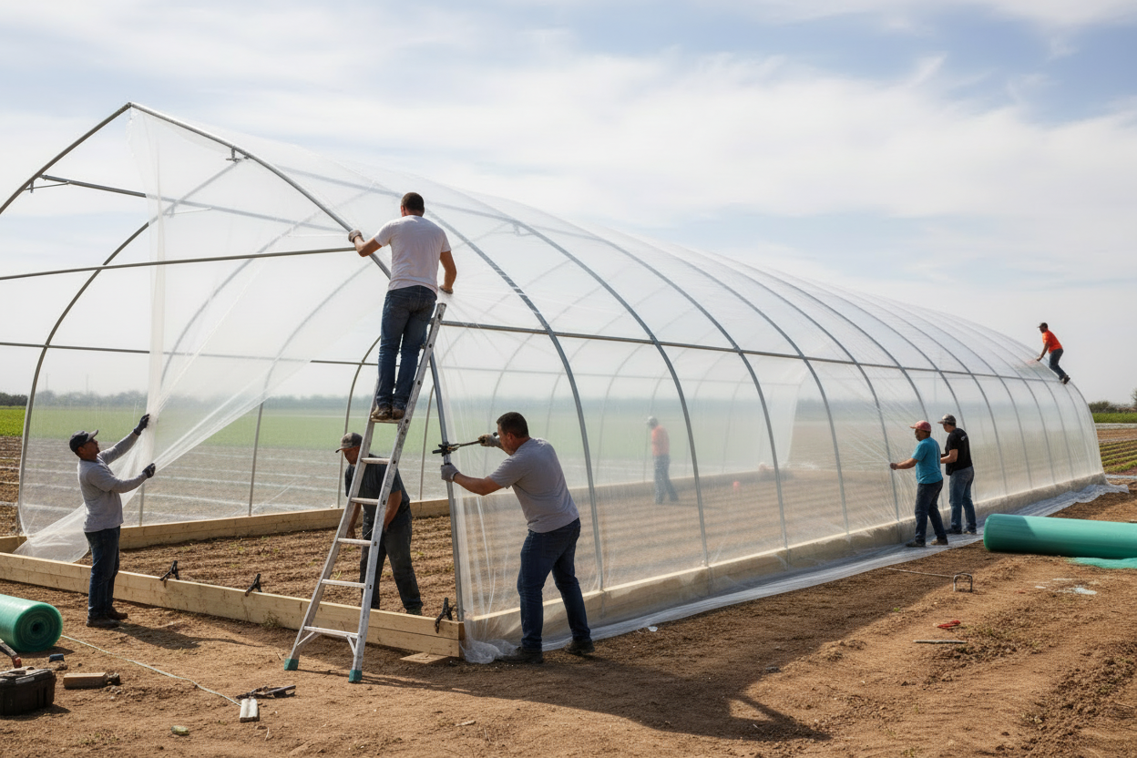 People Installing Clear Greenhouse Plastic
